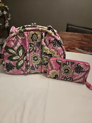 Vera Bradley PRISCILLA PINK Frame Satchel Style Bag With Matching Zip Wallet. • $38