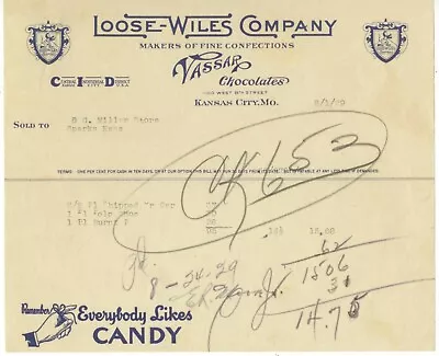 1929 Kansas City Missouri Loose-Wiles Co Vassar Chocolates Letterhead • $12