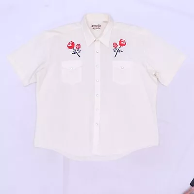C3869 VTG Rugged Ranch Roses Embroidered Short Sleeve Pearl Snap Western Shirt • $10.49