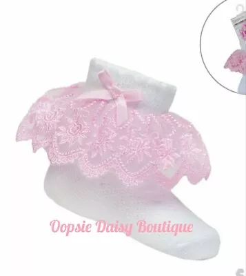 Baby Girls White Pink Frilly Ankle Socks Ribbon & Lace 💗 • £3.99