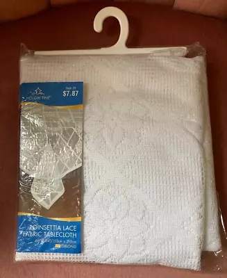 VTG HOLIDAY TIME WHITE POINSETTIA LACE Tablecloth 60“ X 84” OBLONG • $12.99