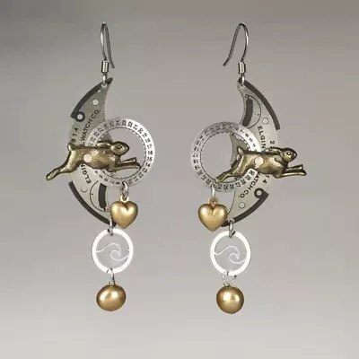 Steampunk Moon Rabbit Pendant Drop Pair Of  Earrings • £12.99