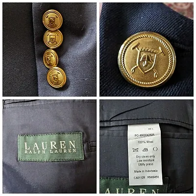 Lauren Ralph Lauren Blazer Mens 46L Wool Navy Blue Gold Crest Buttons SPOT • $35.04