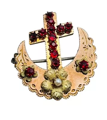 Antique Rose Gold Filled Ruby Paste Crescent Cross Pin Brooch • £12.05