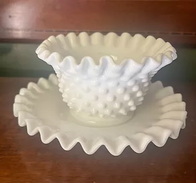 Vintage Fenton Ruffled Hobnail Milk Glass Mayonnaise Bowl And Plate • $14.99