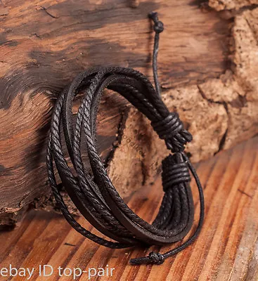 Fashion Mens LEATHER WRIST BAND BRACELET MULTI WRAP HEMP SURFER BRAID CUFF BLACK • £3.59