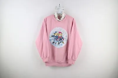 Vintage 90s Streetwear Womens XL Faded Christmas Bear Turtleneck Sweatshirt Pink • $35.95