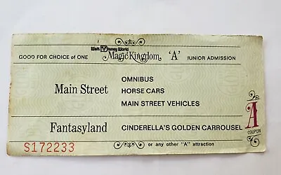 Early 1970s Walt Disney World WDW Magic Kingdom 'A' Junior Admission Ticket • $5