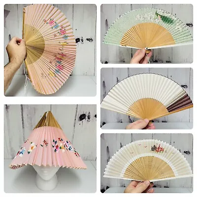 4 Vintage Japan Wooden Folding Hand Fans Sandalwood Pink Hat Fan Painted Lot • $21.95