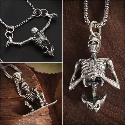 Men Women Gothic Skull Skeleton Pendant Necklace Chain Jewelry Halloween Gift • $3.26