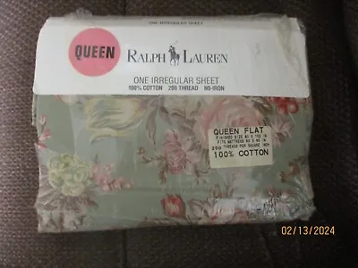 Ralph Lauren Vintage Charlotte Queen Flat Sheet Green Tan Coral Floral Print NIP • $65