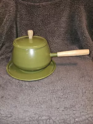 Vintage Avocado Green Fondue Pot W/Drip Tray Trivet Wood Handle & Knob MCM • $20