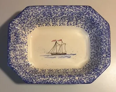 Vintage MOLLY DALLAS Sailboat Spatterware Hand Painted Serving Bowl 11” • $50