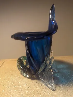 Murano Archimede Seguso Art Glass Blue Green Horn Of Plenty With Clear Legs • $28