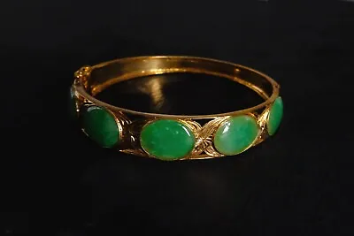 Victorian Vintage 14x12mm Natural Green Jade Bangle Bracelet 14K Rose Gold Over • $422.49