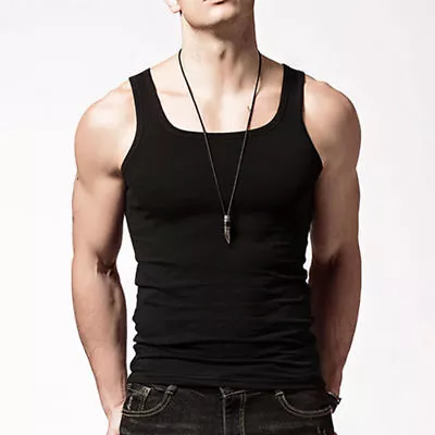 6 Mens Tank Top 100% Cotton A-Shirt Wife Beater Ribbed Muscle Undershirt Black • $19.95