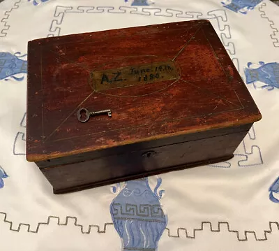 Antique Primitive Red Painted Dated 19th Century Wooden Box With Key AZ Monogram • $135