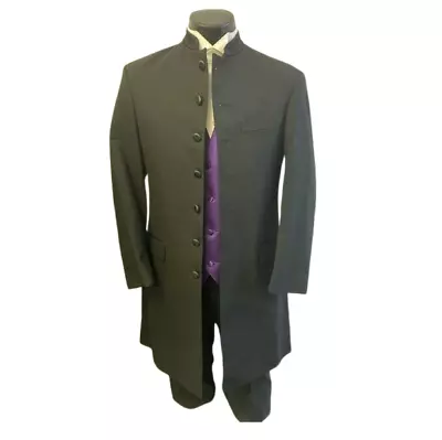 Very Long Black Mandarin Chinese Nehru Collar Tuxedo Frock Duster Coat TUXXMAN • $39.97