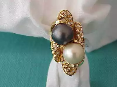 Vintage Designer 18k 13mm South Sea Black &  White Pearl & .75 Ct.diamond Ring • $3995