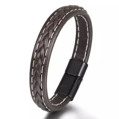 Men Jewelry Black Braided Leather Bracelet Bangle Stainless Steel Clasp B • $6.99