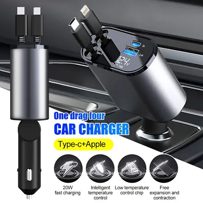 4 IN 1 Retractable Car Charger USB Type C Cable For IPhone Android 100W • £17.79