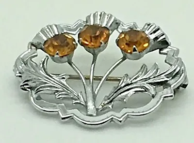 Mizpah Citrine  Triple Thistle Brooch Pin Silver Tone  Kilt  Celtic Scottish  • $29.99