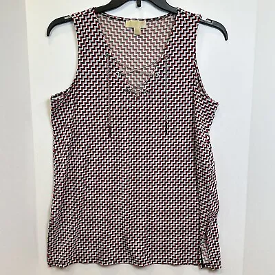 MICHAEL KORS Chain Tie Large Sleeveless Tunic Top Red White Blue Geo Stretchy • $18