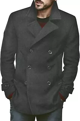 PASLTER Mens Classic Business Pea Coat Winter Warm Double Breasted Heavyweight T • $118.40