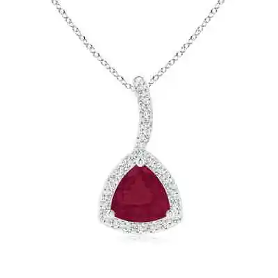 ANGARA 5mm Natural Ruby Halo Pendant Necklace With Curved Bale In Silver • $331.55