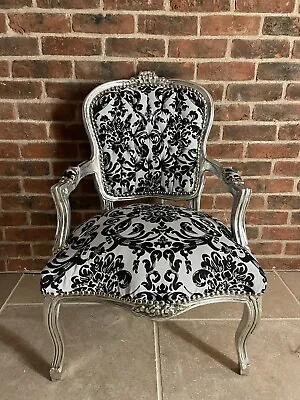 French Louis Style Shabby Chic Chair Black And White Floral With Silver Frame • £134.99
