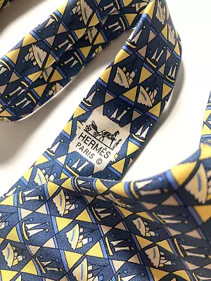 Hermes Vintage Cruise Ship Sailboat Tie Sailing Boat High End France Blue • $99.24