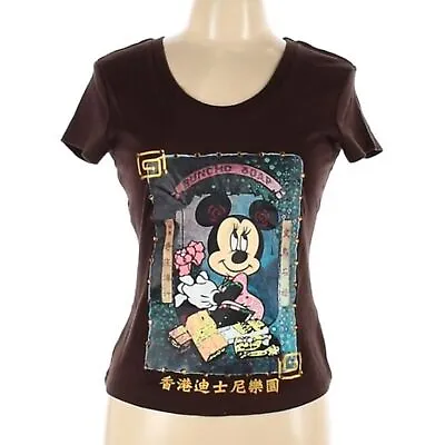 Disney Parks Hong Kong Disneyland Tee T-Shirt Jr Womens Sz L Minnie Mouse Brown • £8.03