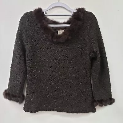 PM Petite Medium~Women's Dark Chocolate Brown Textured Sweater W/Rabbit Fur Trim • $34.87