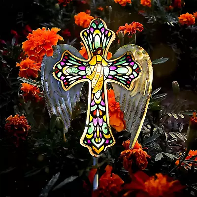 Solar Glass Cross Garden Stake Light Cemetery Decorations For Grave • $44.99