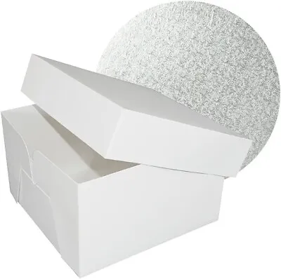 8  Round Silver Cake Drum Board & White Cake Box Combo 8 Inch Square Box And Ma • £7.70