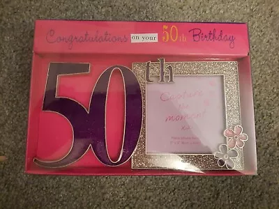 50th Birthday Photo Frame Boxed - Purple And Gold Glitter Holds 8 X 8 Cm Photo • £2.99