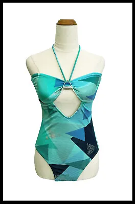 TIGERLILY Women's Turquoise Cut Out Halter One Piece Swimsuit Swimmers Size 10 • $34.95