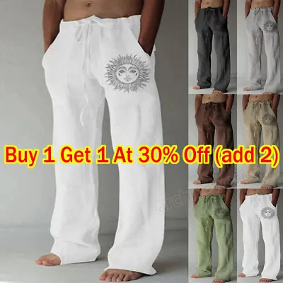 Mens Summer Casual Cotton Linen Baggy Harem Pants Beach Pockets Hippy Trousers • £12.89