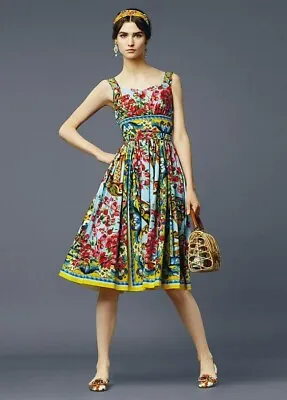 AUTH SS2013 Dolce&Gabbana Roses Wheel Floral Printed Cotton Dress 40it • £522.28