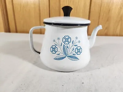 Vintage White & Blue Flower Enamelware Coffee Tea Pot W/ Gooseneck Spout Planter • $8