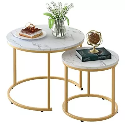 Coffee Table Nesting White Set Of 2 Side Set Golden Frame Circular And Marble... • $98.22