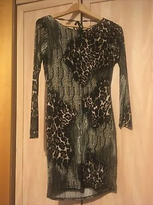 Jane Norman Brown Animal Print Party Evening Dress UK 10 Low Cowl Back Stretch • £14.99