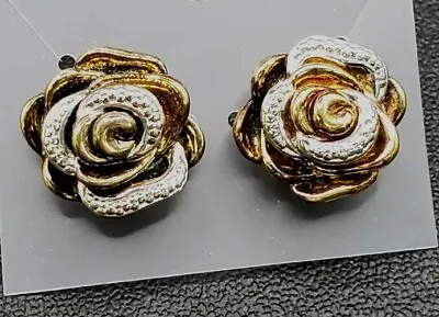 Vintage Rose Flower Post Earrings Gold Plated Two Tone Sterling Silver 925  • $22.99