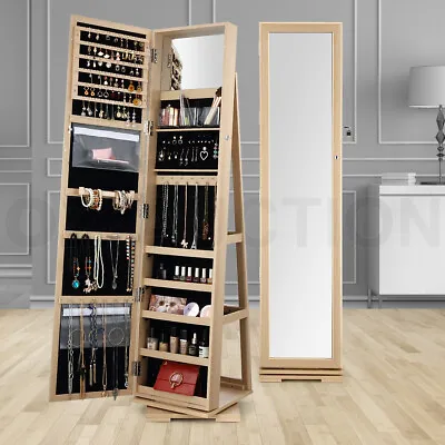 Oak Rotatable Mirror Jewellery Cabinet Makeup Freestanding Jewellery Organiser • $309.95