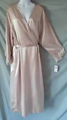 Flora Nikrooz Beige Robe Applique Lace Trim Vintage Style Long L / XL 48   BUST • $57.99