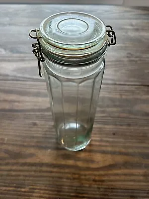 Vintage Clear Paneled Canister Jar 13  Tall Wire Bale Hinged Lid • $35