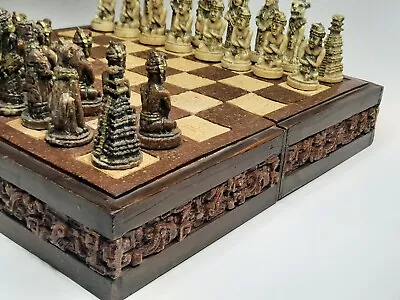 Vintage Spanish Aztec Mayan Folding Chess Set Wood & Resin RARE! • $199.99