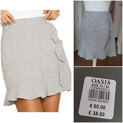 BNWT - OASIS Size 12 Fab White & Grey Stripe Cotton Ruffle Summer Skirt Rrp £38 • £8