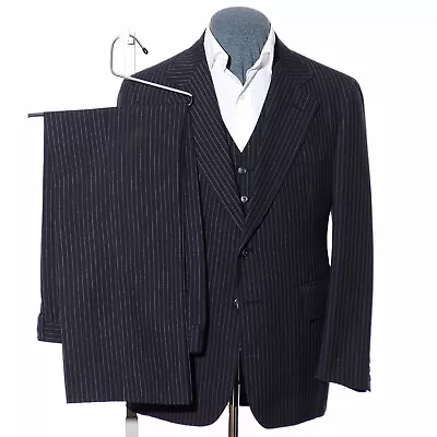 40S Short Vintage 70s Navy-Blue Pinstripe Wool Blend 3-Piece Suit 32x30 Trousers • $248