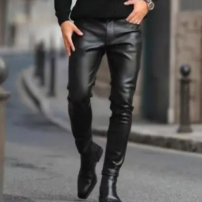 Men's Thickened PU Leather Pants Casual Winter Skinny Fall Black Biker Trousers • $29.03